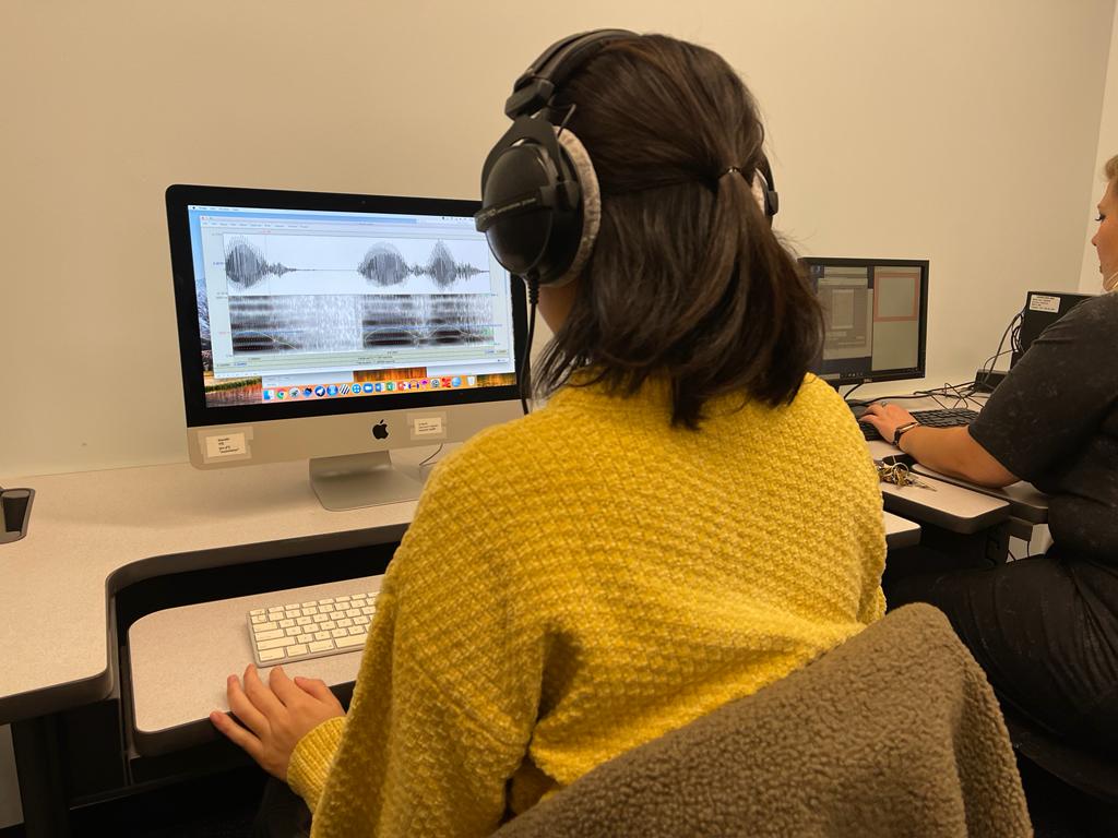Two students working at the computer analyzing spectrograms. 